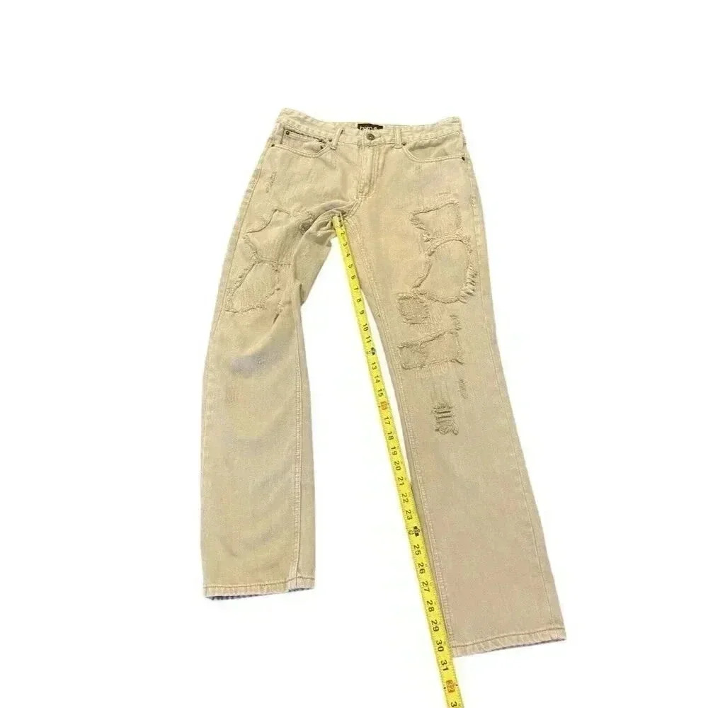 Born‎ Fly Distressed Patchwork Jeans Khaki Tan Size 32x30.5 Skinny - Picture 3 of 8